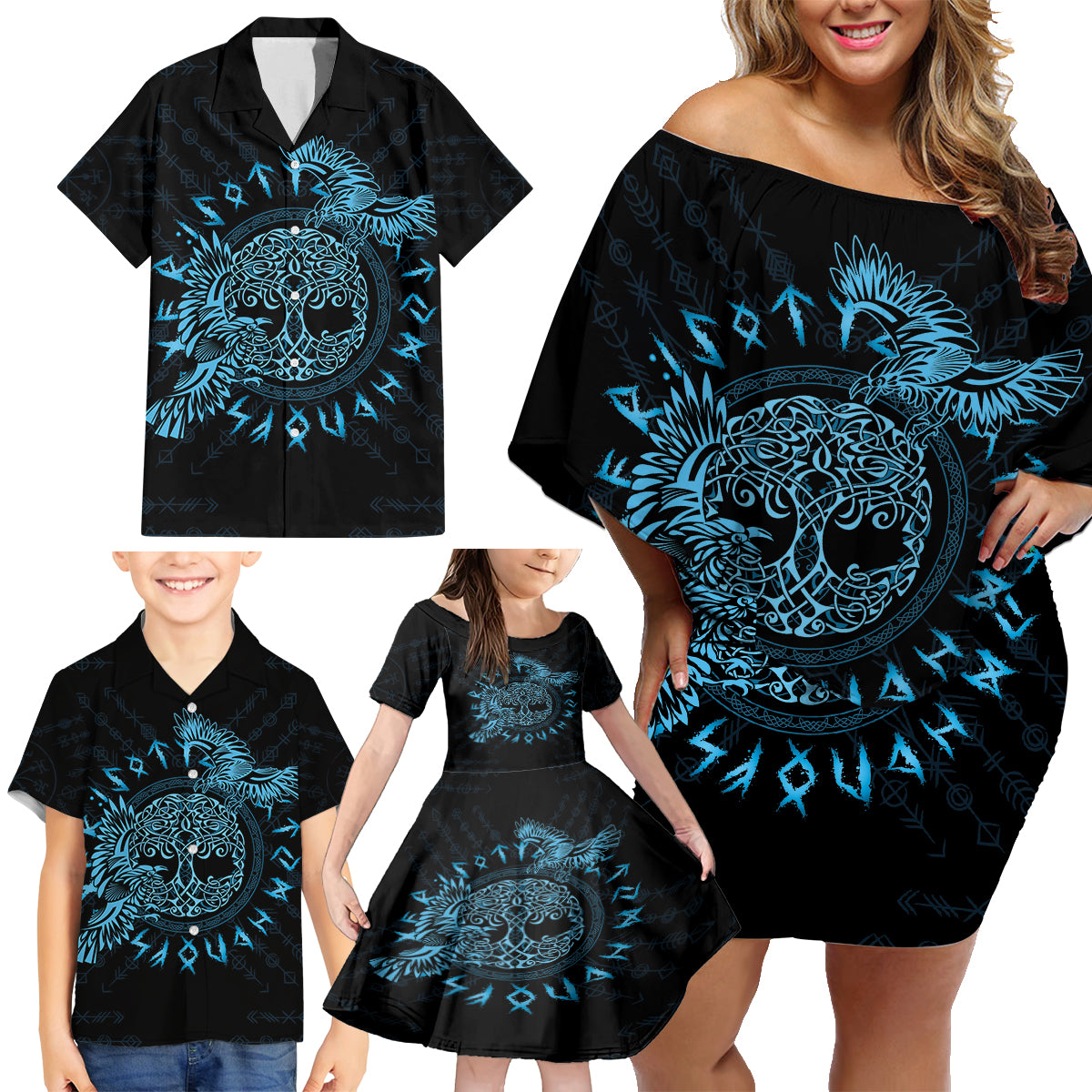 Personalized Odin's Celtic Raven Family Matching Off Shoulder Short Dress and Hawaiian Shirt Blue Scandinavian Tattoo LT9 - Wonder Print Shop