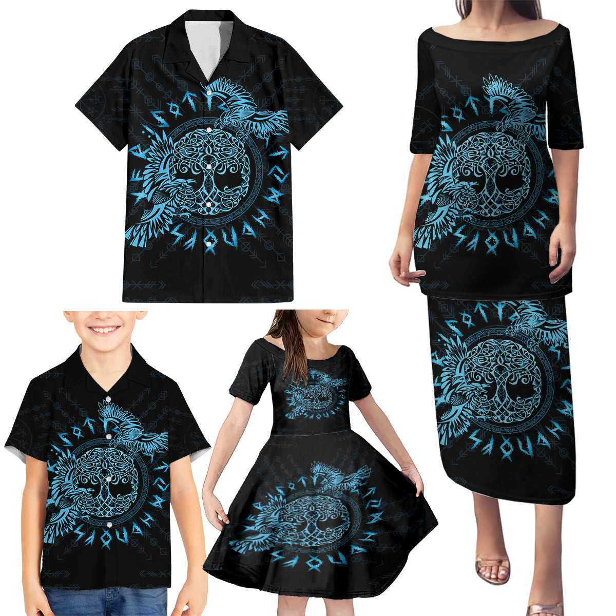 Personalized Odin's Celtic Raven Family Matching Puletasi and Hawaiian Shirt Blue Scandinavian Tattoo - Wonder Print Shop