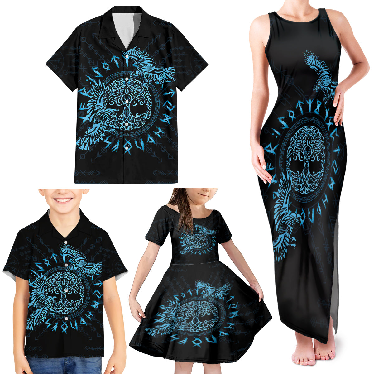 Personalized Odin's Celtic Raven Family Matching Tank Maxi Dress and Hawaiian Shirt Blue Scandinavian Tattoo - Wonder Print Shop