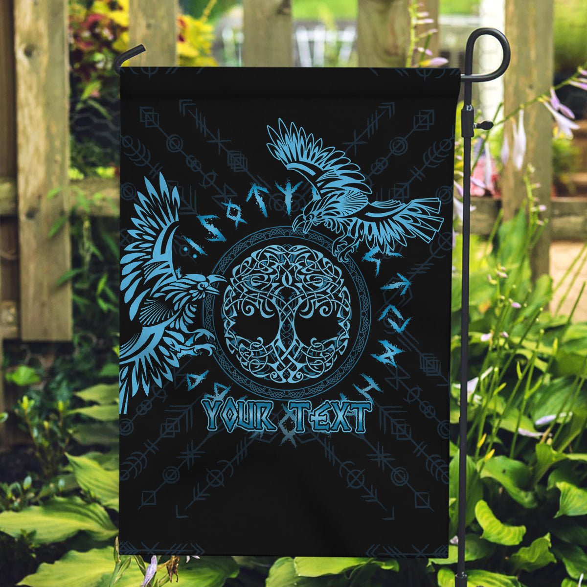 Personalized Odin's Celtic Raven Garden Flag Blue Scandinavian Tattoo - Wonder Print Shop