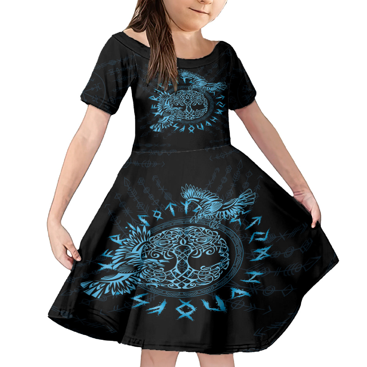 Personalized Odin's Celtic Raven Kid Short Sleeve Dress Blue Scandinavian Tattoo - Wonder Print Shop