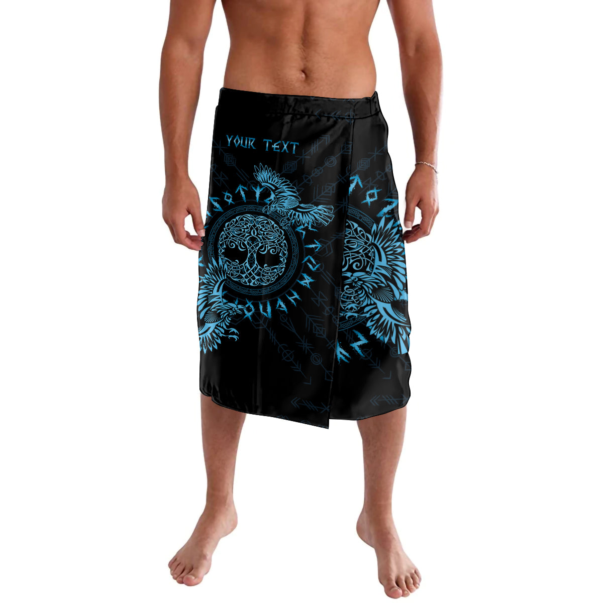 Blue and black tattoo-style lavalava with raven print, elastic waistband, includes 'YOUR TEXT'