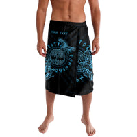 Blue and black tattoo-style lavalava with raven print, elastic waistband, includes 'YOUR TEXT'
