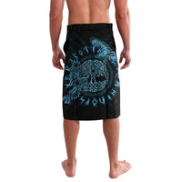 Black lavalava with large blue raven graphic, elastic waistband