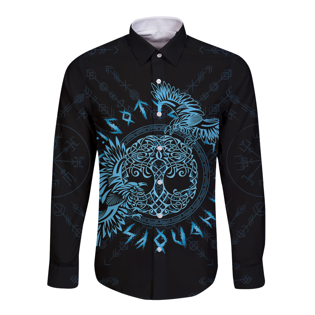 Long sleeve button shirt with blue raven and celtic knot graphic on front