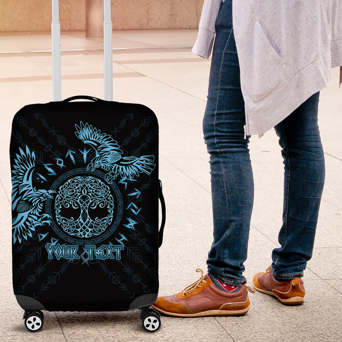 Personalized Odin's Celtic Raven Luggage Cover Blue Scandinavian Tattoo - Wonder Print Shop