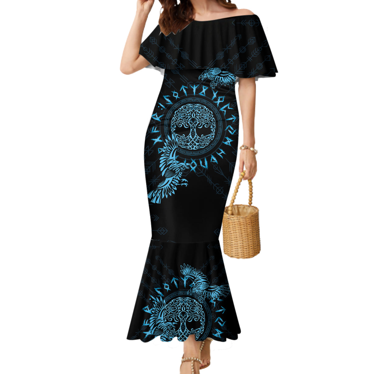 Personalized Odin's Celtic Raven Mermaid Dress Blue Scandinavian Tattoo - Wonder Print Shop