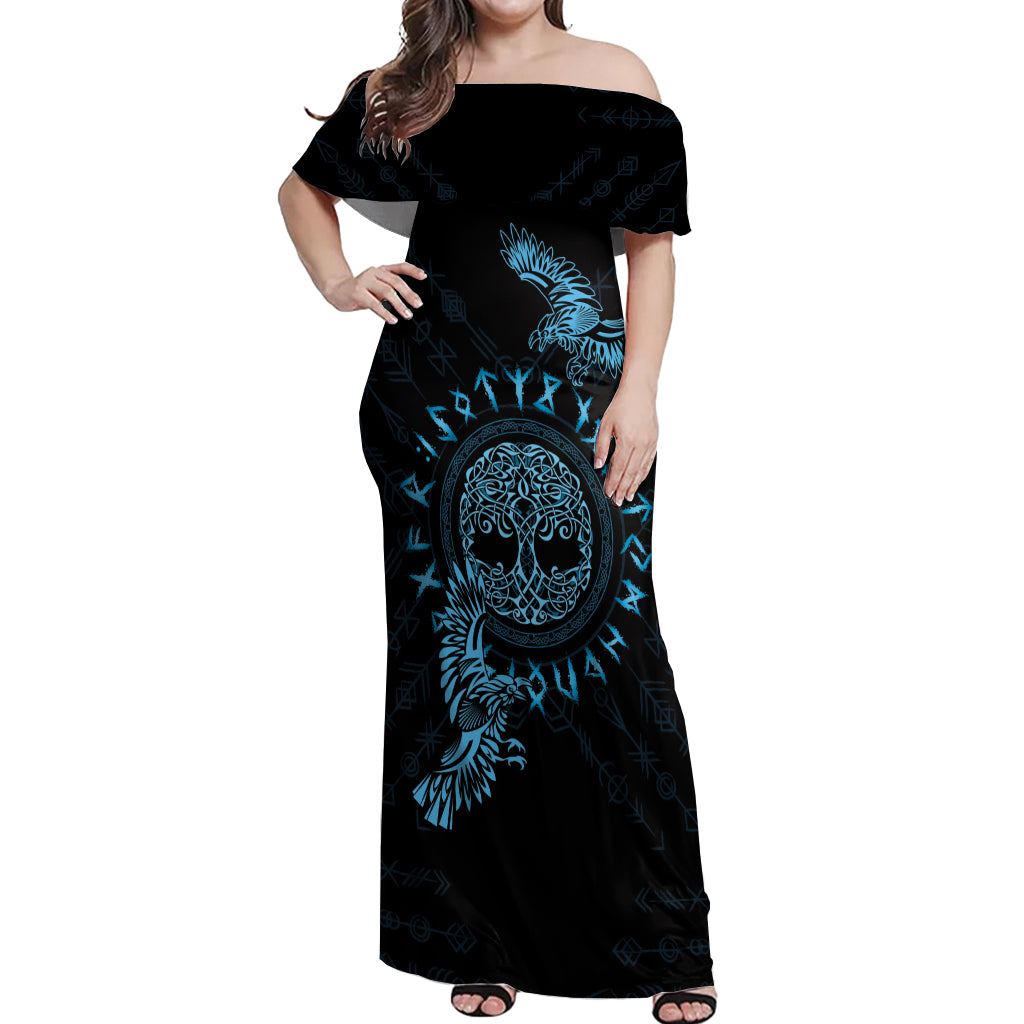 Personalized Odin's Celtic Raven Off Shoulder Maxi Dress Blue Scandinavian Tattoo - Wonder Print Shop