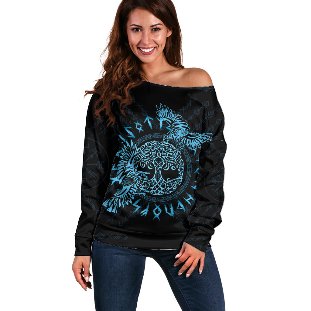 Personalized Odin's Celtic Raven Off Shoulder Sweater Blue Scandinavian Tattoo - Wonder Print Shop