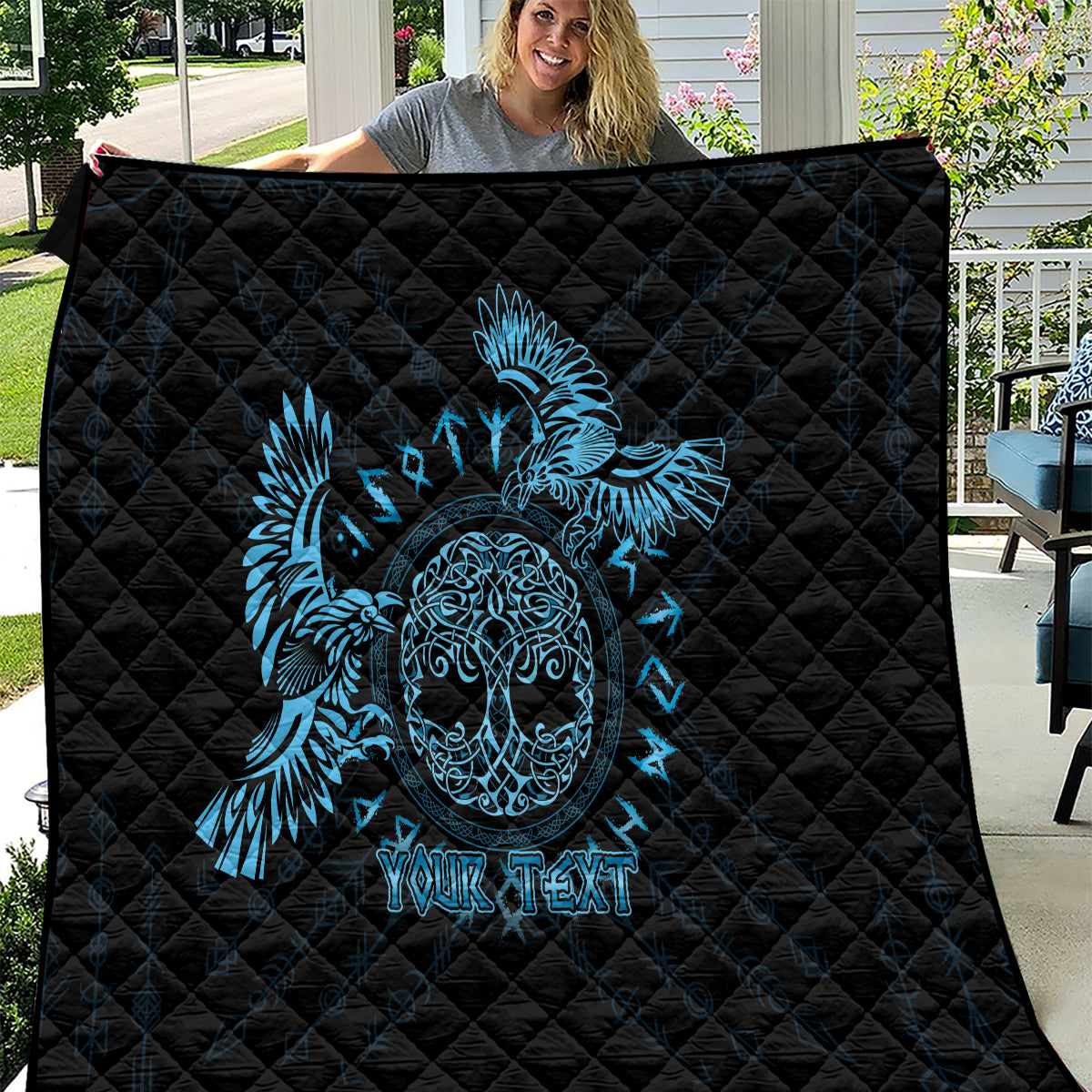 Personalized Odin's Celtic Raven Quilt Blue Scandinavian Tattoo