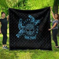 Black quilt with blue raven and skull Celtic design, quilted diamond pattern