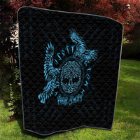 Black quilt panel with blue raven skull artwork and quilted diamond texture