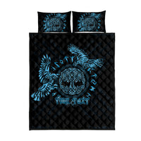 Black and blue quilt bed set with Celtic raven artwork and 'YOUR TEXT' on duvet