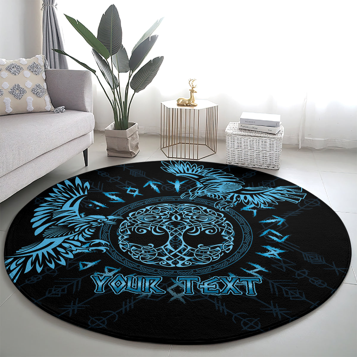 Round dark rug with blue Celtic raven and knot circle; "YOUR TEXT" centered.