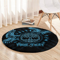 Round dark rug with blue raven and Celtic knot circle, showing "YOUR TEXT" lettering.