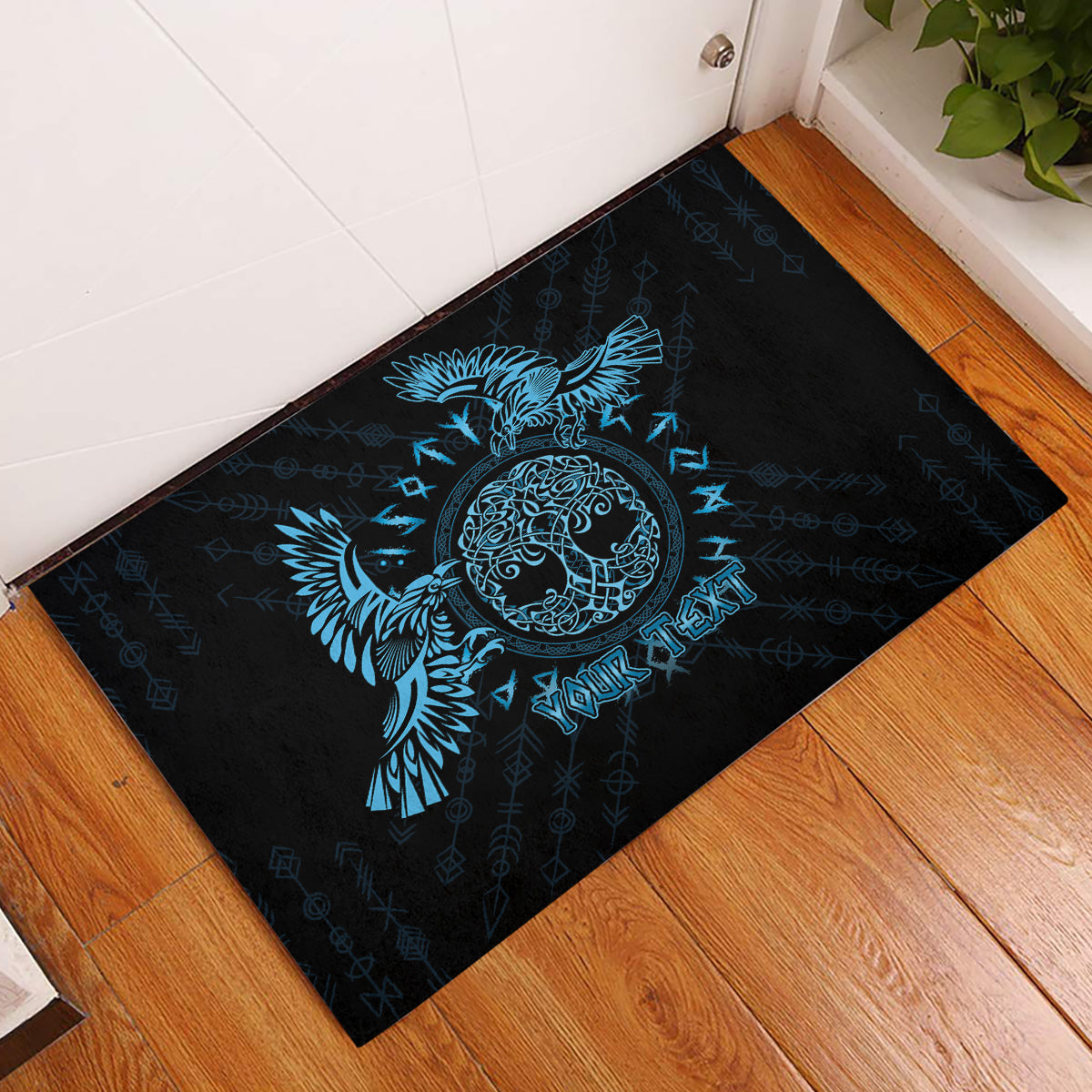 Personalized Odin's Celtic Raven Rubber Doormat Blue Scandinavian Tattoo