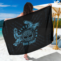Black sarong with close-up blue raven and Celtic knot artwork, custom text across.