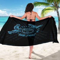 Black sarong with blue raven and Celtic knot graphic, plus custom text in center.