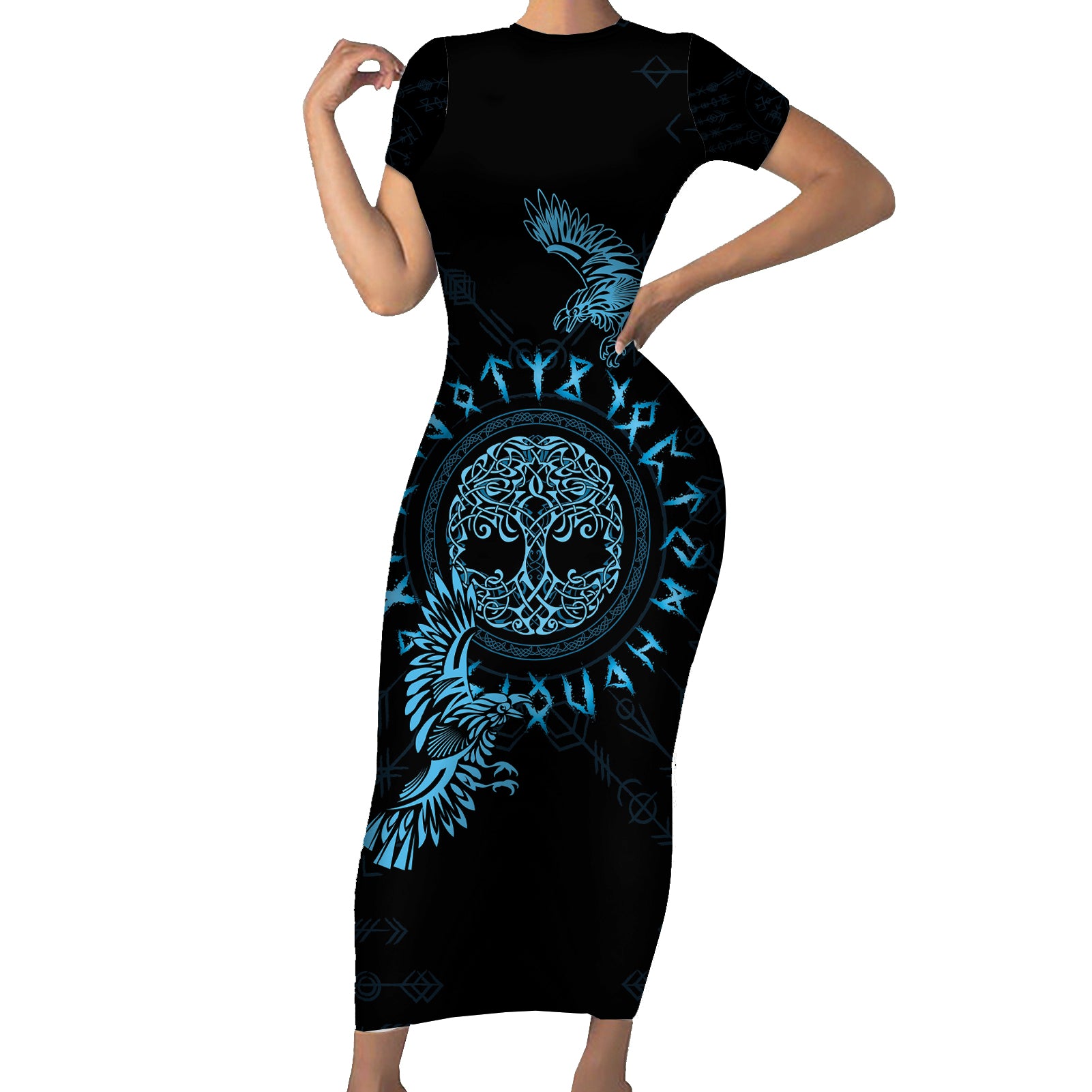 Personalized Odin's Celtic Raven Short Sleeve Bodycon Dress Blue Scandinavian Tattoo