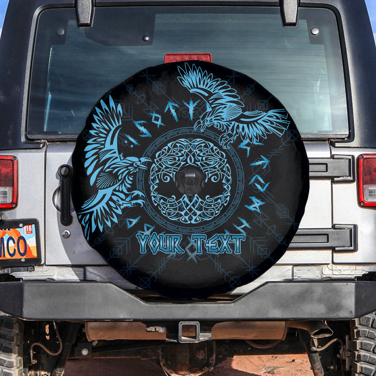 Personalized Odin's Celtic Raven Spare Tire Cover Blue Scandinavian Tattoo