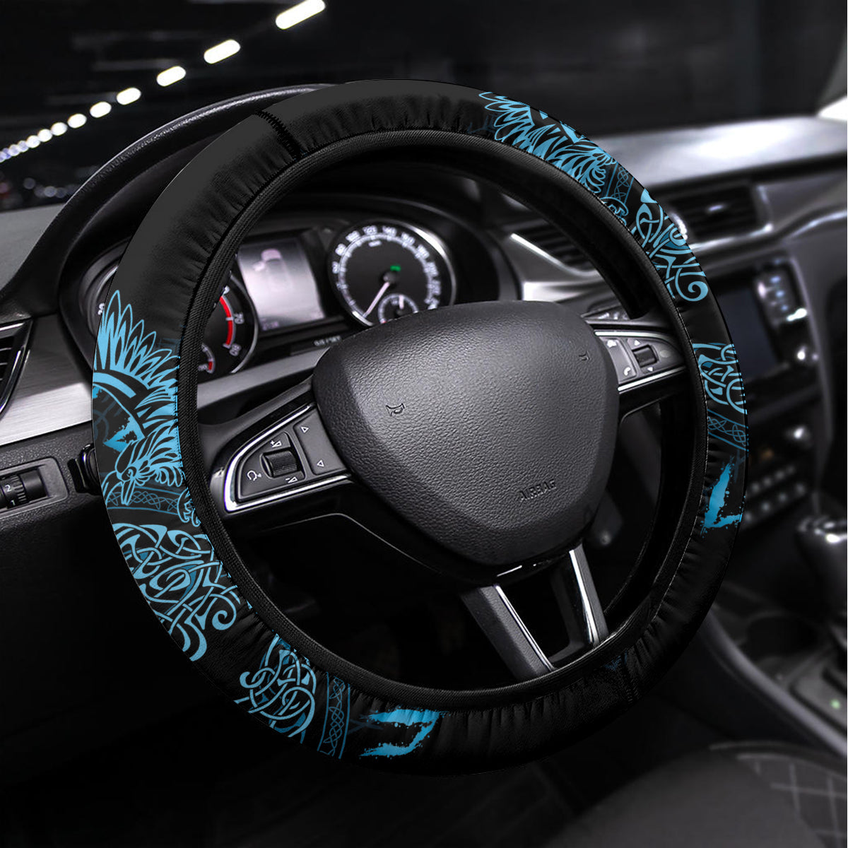 Odin's Celtic Raven Steering Wheel Cover Blue Scandinavian Tattoo