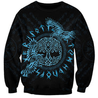 Unisex crewneck sweatshirt, dark base with blue raven emblem and Celtic knot circle art