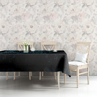Dining tablecloth with dark fabric and blue raven artwork with rune pattern details