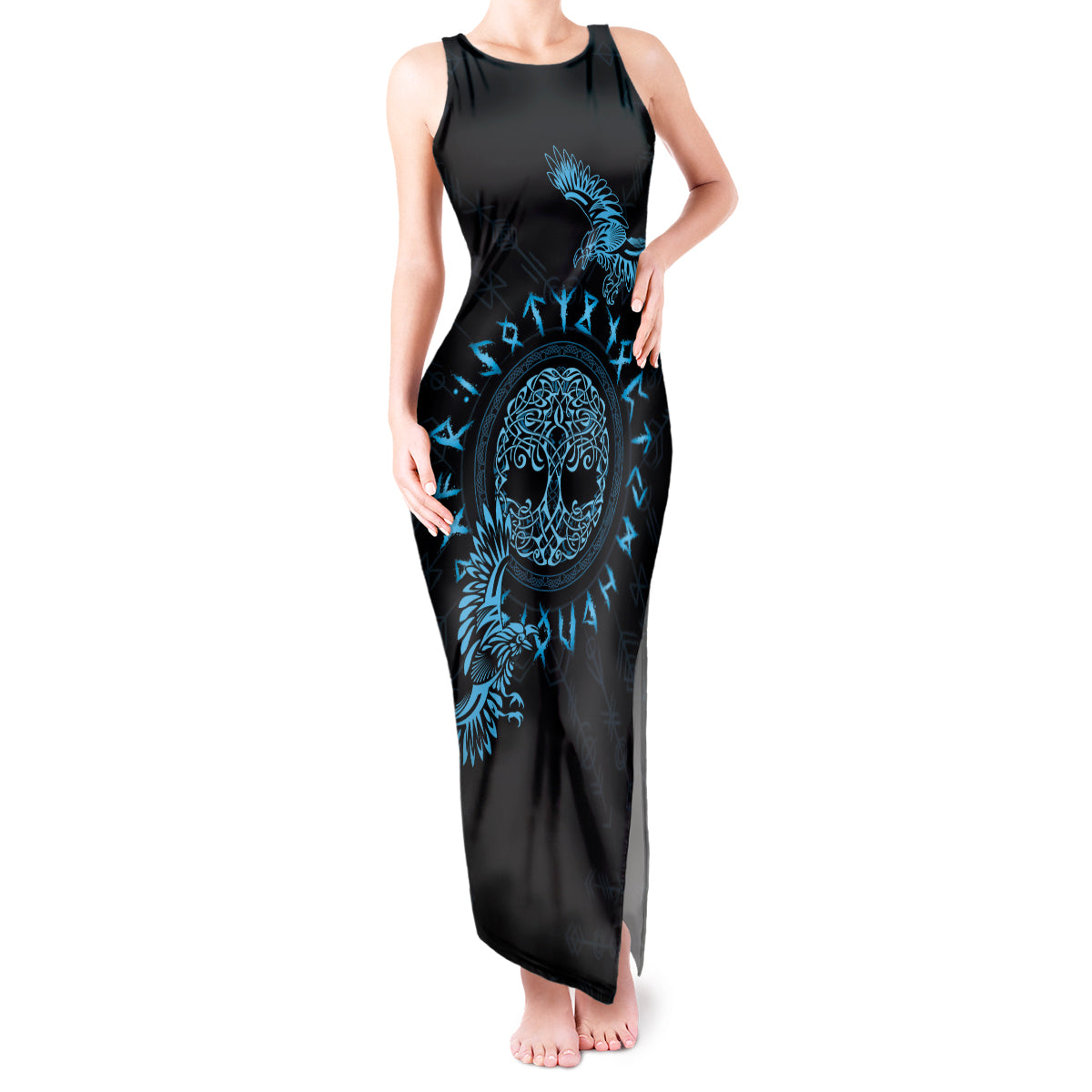 Personalized Odin's Celtic Raven Tank Maxi Dress Blue Scandinavian Tattoo