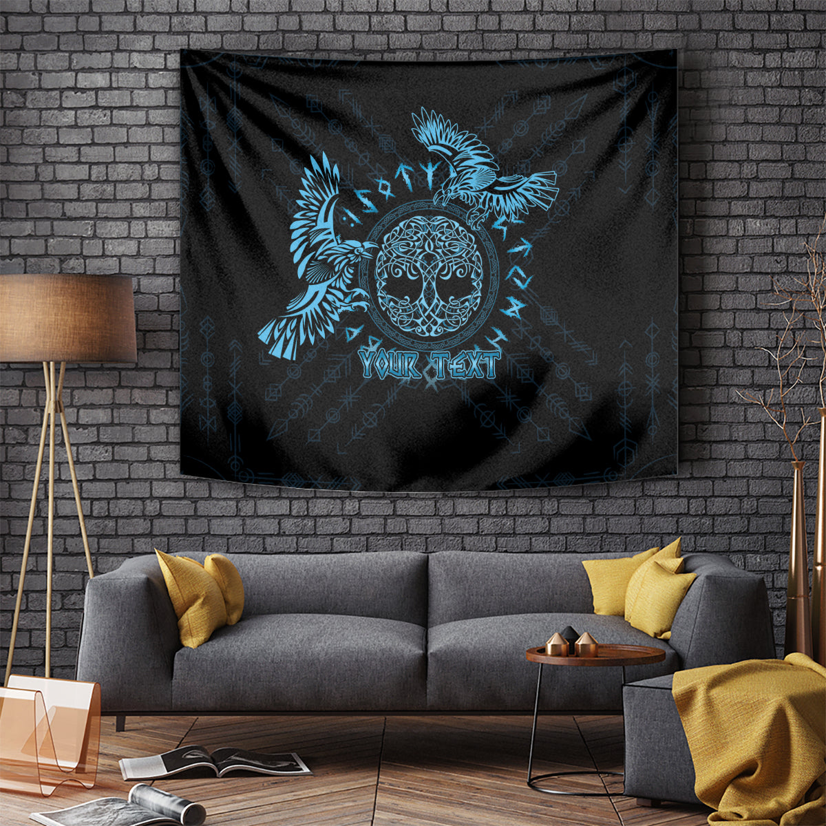 Hanging raven Celtic tapestry in blue and black, featuring “YOUR TEXT” across the center.