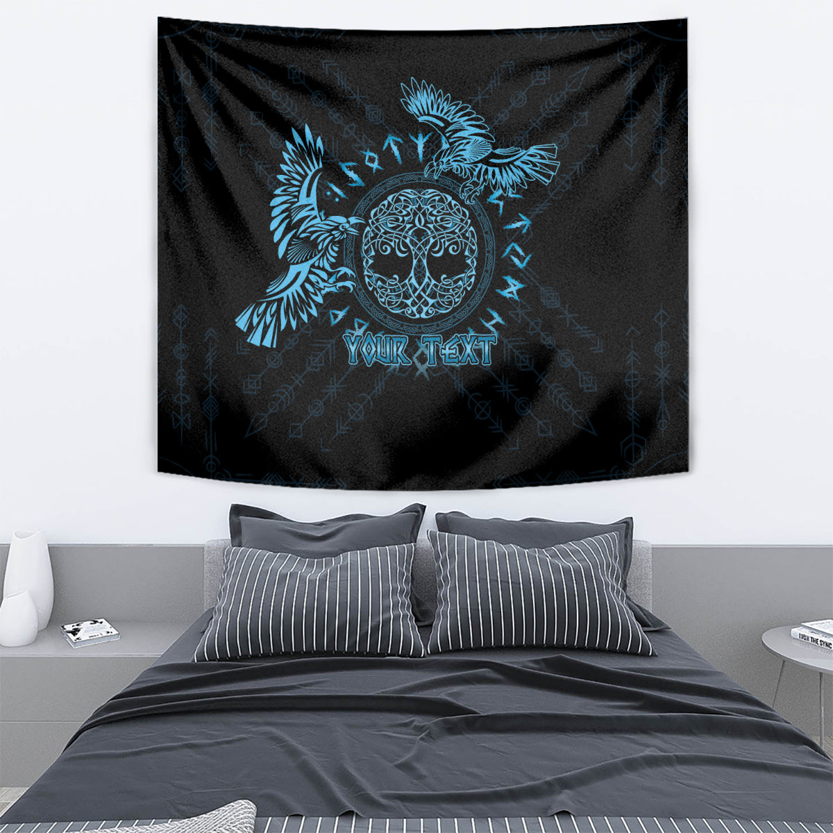 Blue and black raven tapestry with Celtic knot head design and “YOUR TEXT” in the middle.