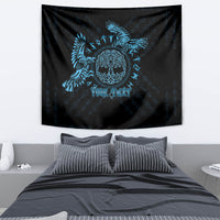 Blue and black raven tapestry with Celtic knot head design and “YOUR TEXT” in the middle.