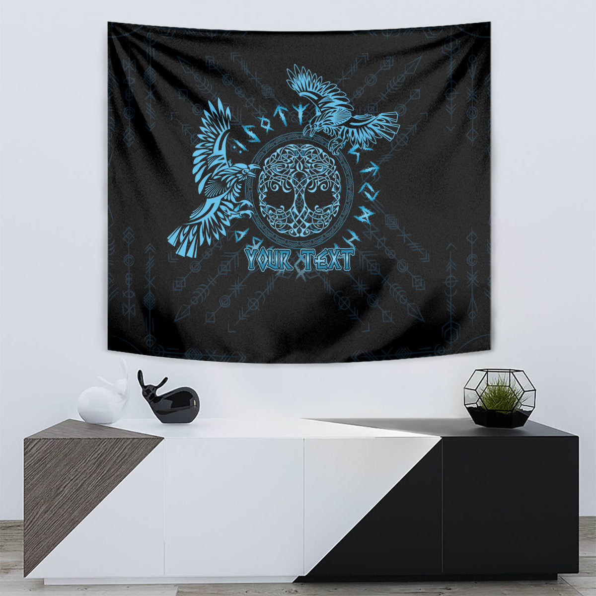 Black and blue Celtic raven wall tapestry with circular emblem and “YOUR TEXT” text.