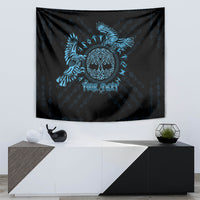 Black and blue Celtic raven wall tapestry with circular emblem and “YOUR TEXT” text.