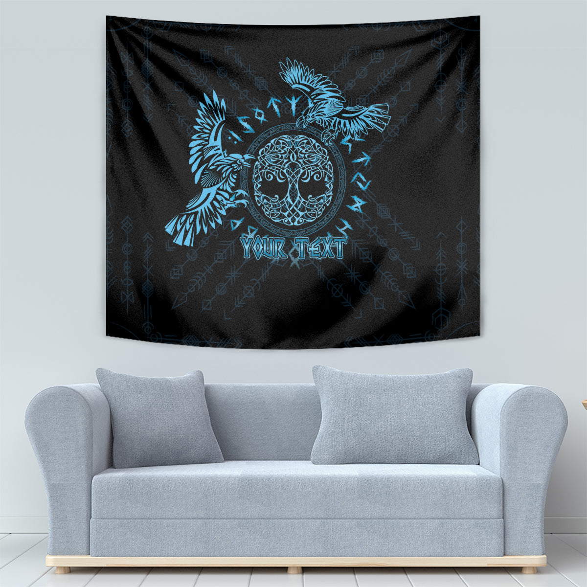 Raven Celtic tapestry in dark black with blue print, featuring “YOUR TEXT” at center.