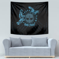 Raven Celtic tapestry in dark black with blue print, featuring “YOUR TEXT” at center.
