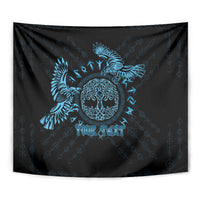 Close view of blue Celtic raven tapestry with ornate emblem and “YOUR TEXT” lettering.