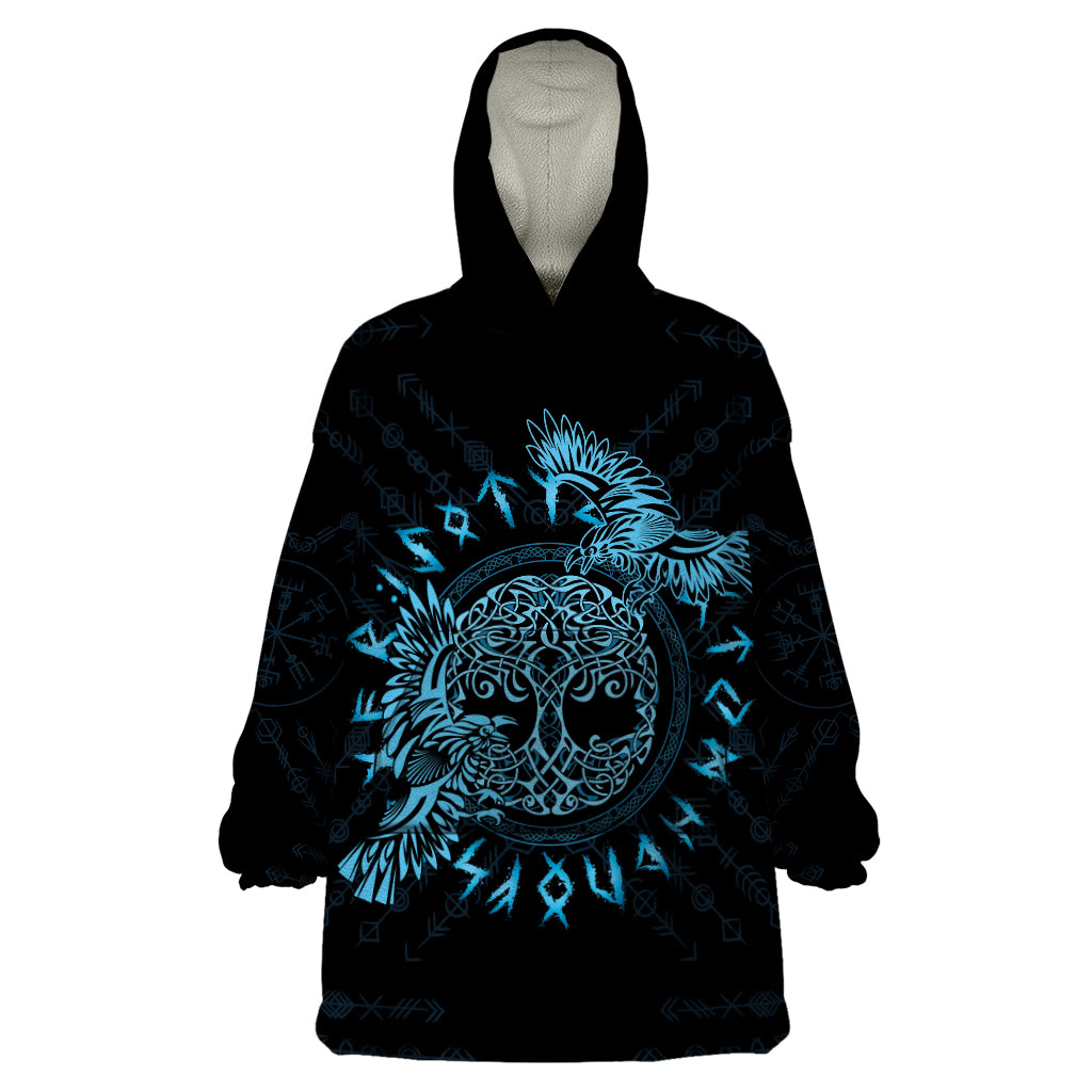 Personalized Odin's Celtic Raven Wearable Blanket Hoodie Blue Scandinavian Tattoo