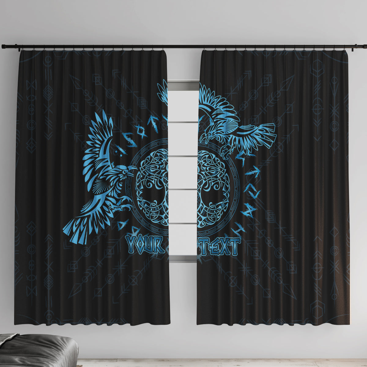 Personalized Odin's Celtic Raven Window Curtain Blue Scandinavian Tattoo