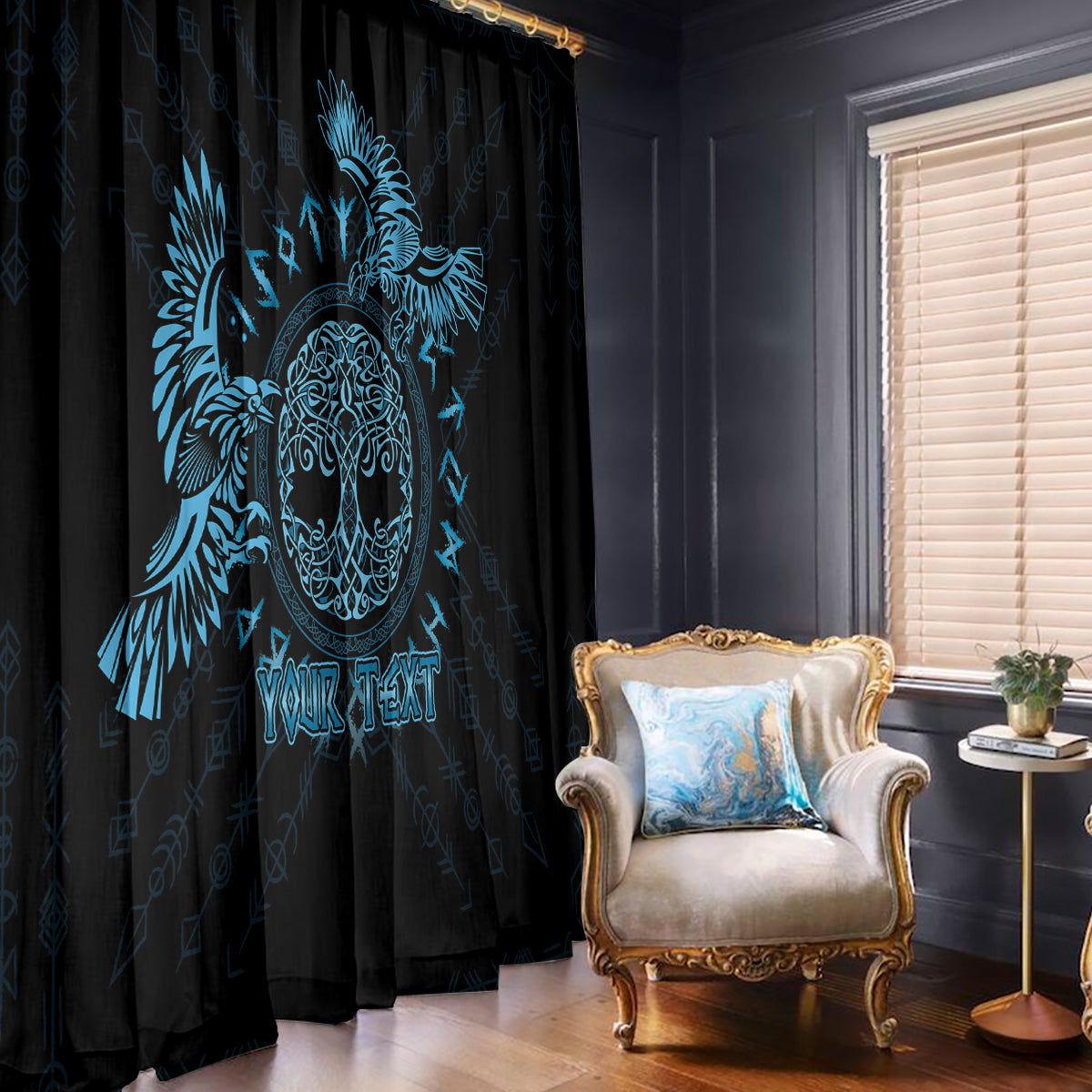 Personalized window curtain panel, dark with large blue raven design and 'YOUR TEXT'