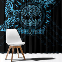 Personalized window curtain close-up with blue raven circle design and 'YOUR TEXT'