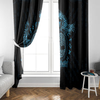 Personalized window curtain pair, dark with blue raven motif and your text on side