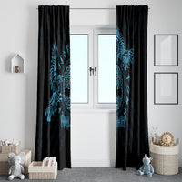 Personalized window curtain panels with blue raven design on dark fabric