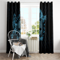 Personalized window curtain pair with blue raven artwork on dark panels