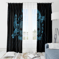 Personalized window curtain panels, dark with blue raven motif and 'YOUR TEXT'