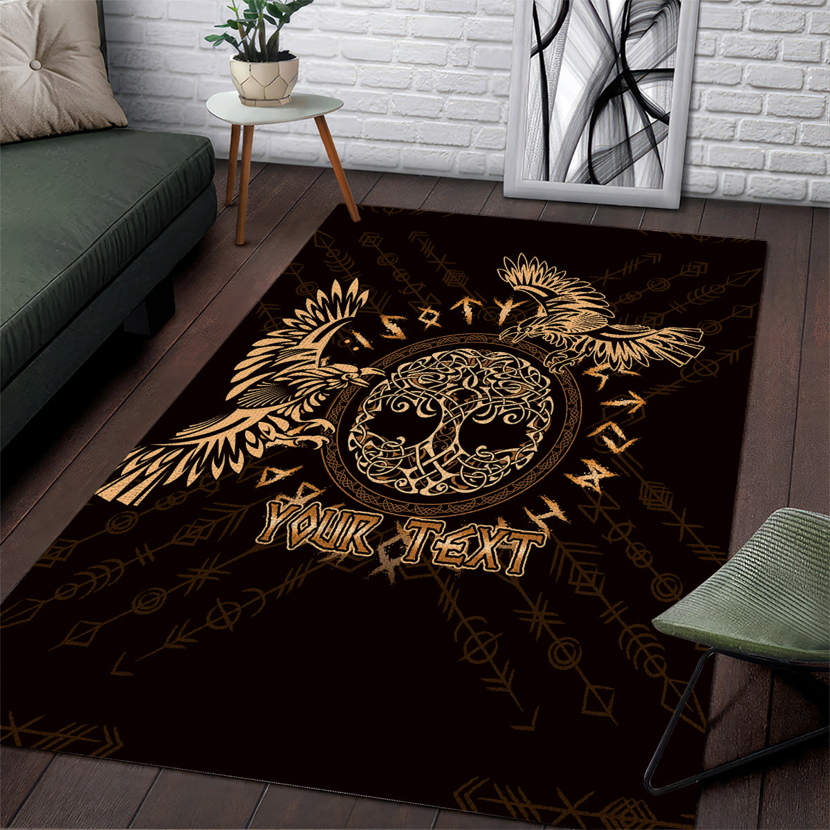 Personalized Odin's Celtic Raven Area Rug Gold Scandinavian Tattoo LT9 - Wonder Print Shop