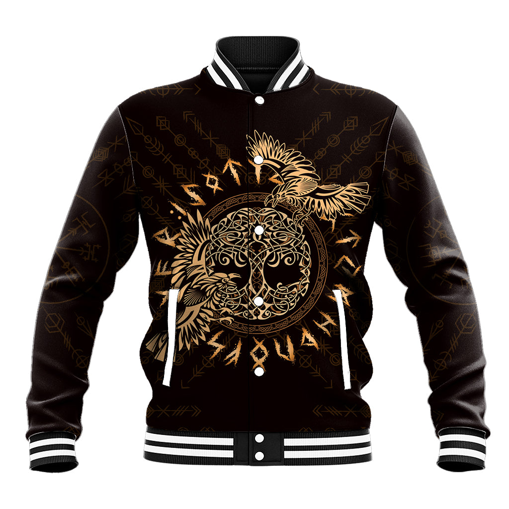 Black satin baseball jacket with gold Celtic raven graphic, ribbed collar and cuffs