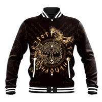 Black satin baseball jacket with gold Celtic raven graphic, ribbed collar and cuffs
