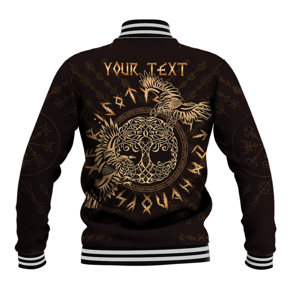 Black baseball jacket back with gold Celtic raven art and custom text graphic, ribbed hem