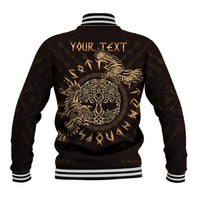 Black baseball jacket back with gold Celtic raven art and custom text graphic, ribbed hem