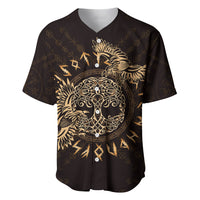 Black V-neck baseball jersey with gold Celtic raven and circular knot graphic